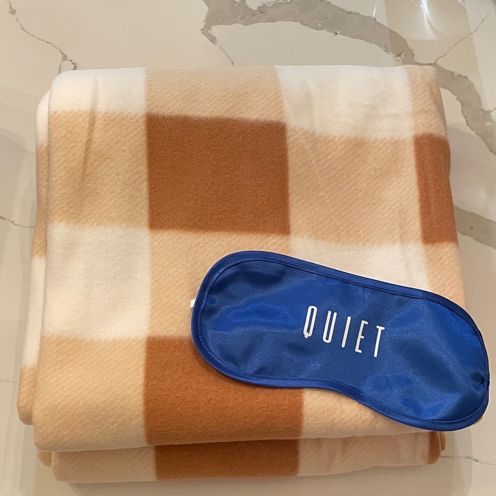 Plaid Tan and White Polar Fleece Blanket with Blue Sleep Mask